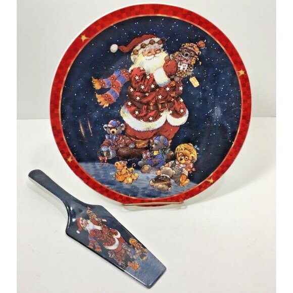 Santa Claus Christmas Cake Plate w Server Holiday Party Platter Teddy Bear Toy - Picture 2 of 8